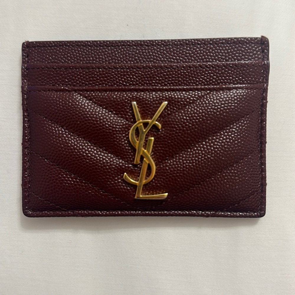 Maroon YSL Monogram Card Case in Grained Leather